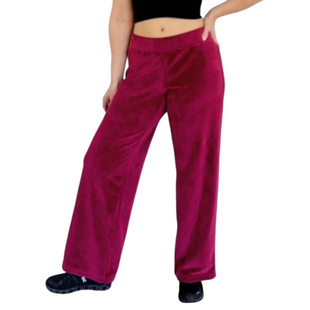 Pajamagram maroon pink velour wide leg fleece lined lounge pants size medium